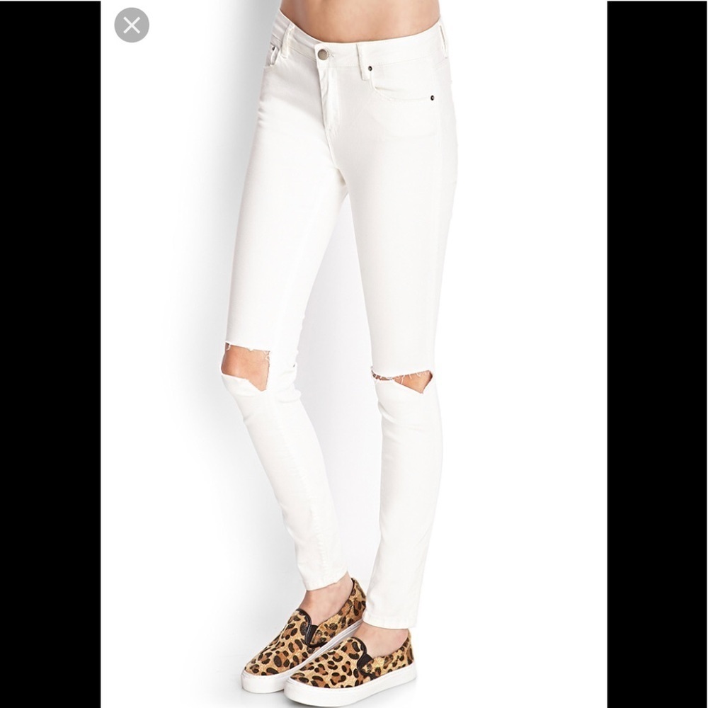 Forever 21 Ripped Knee Skinny Jeans White Sz 26